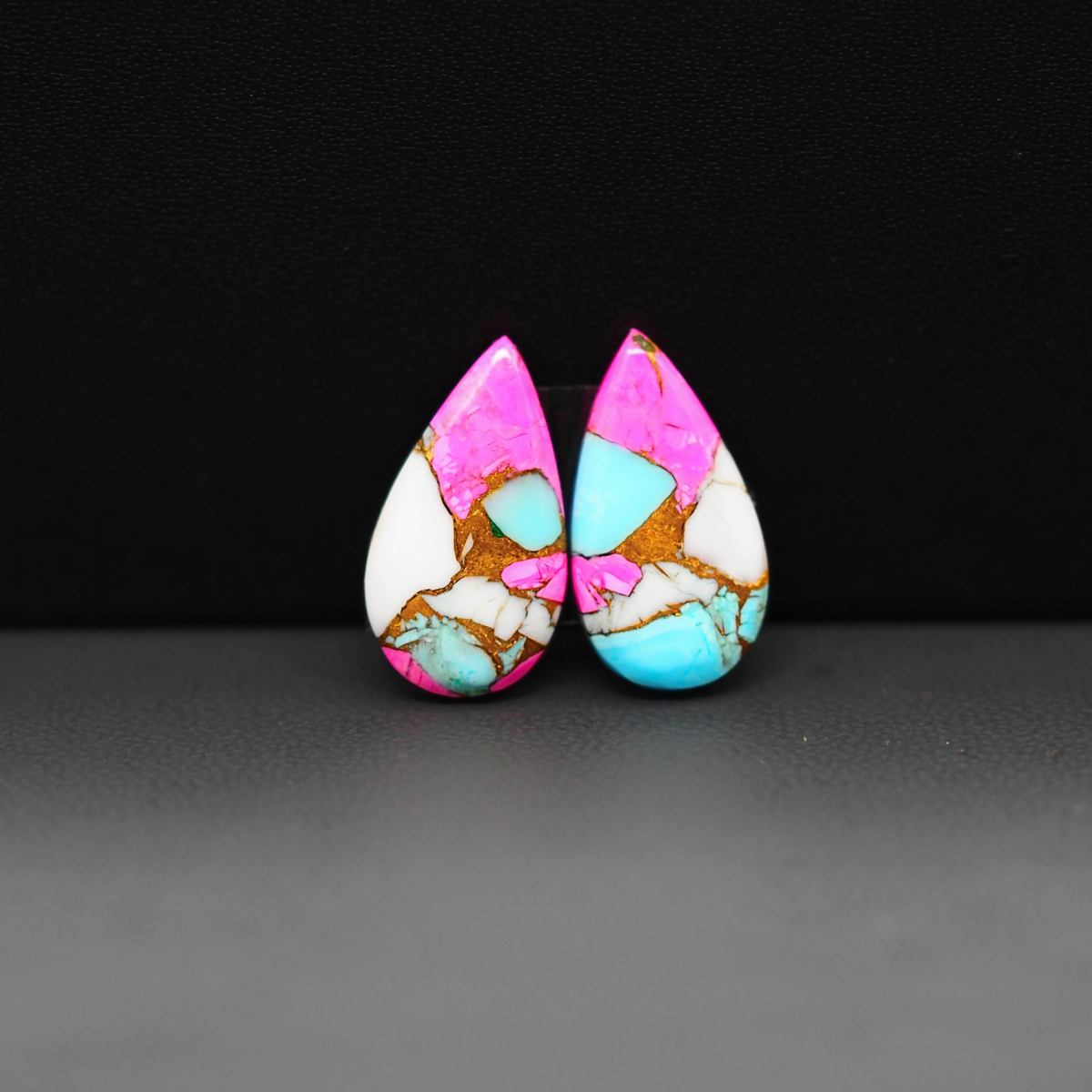 Cotton Candy Pear Cabochon Pair 18x10x3mm 10.5ct - pink, white and turquoise blue - Pedra Gems