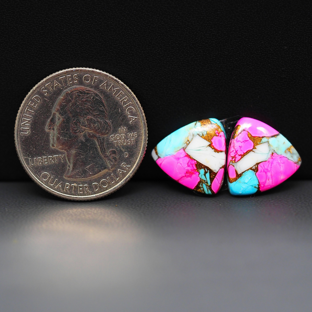 Cotton Candy Trillion Cabochon Pair 14x14x3mm 10ct - pink, turquoise blue and white - Pedra Gems