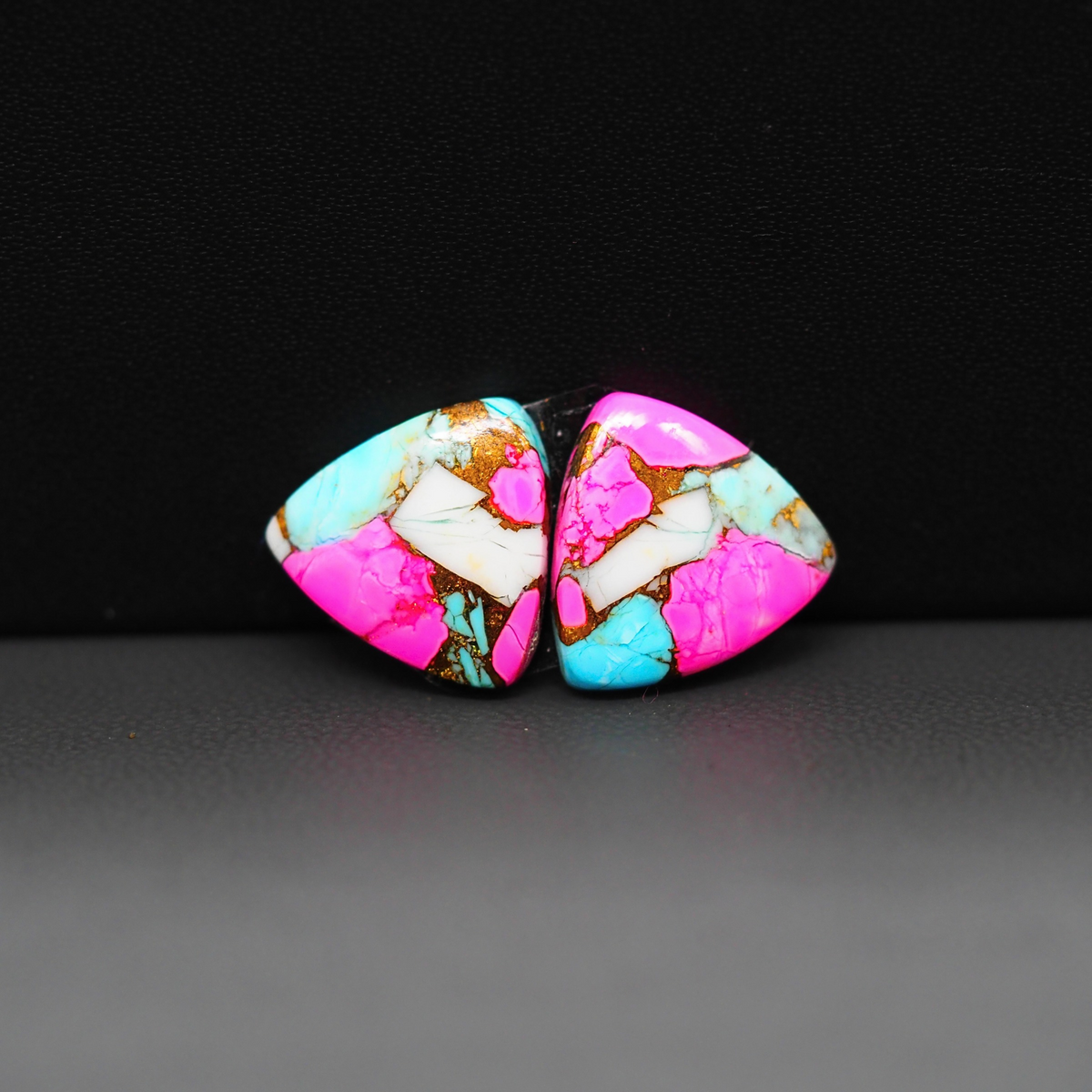 Cotton Candy Trillion Cabochon Pair 14x14x3mm 10ct - pink, turquoise blue and white - Pedra Gems