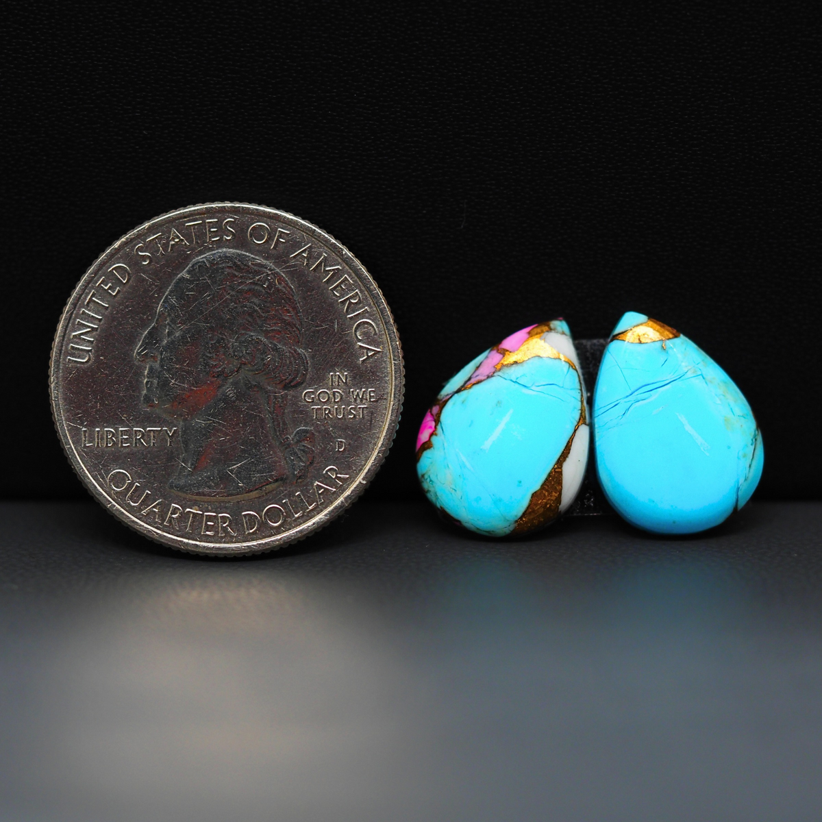Cotton Candy Pear Cabochon Pair 16x11x3mm 9.5ct - turquoise blue, pink and white - Pedra Gems