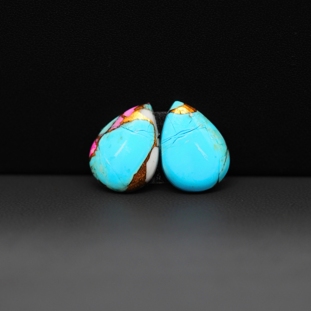 Cotton Candy Pear Cabochon Pair 16x11x3mm 9.5ct - turquoise blue, pink and white - Pedra Gems