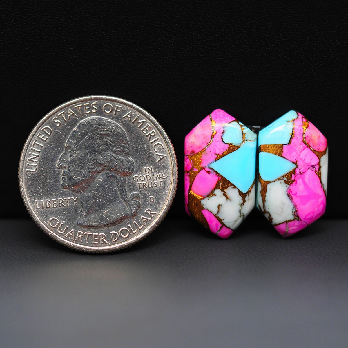 Cotton Candy Hexagon Cabochon Pair 19x11x3mm 13.5ct - pink, turquoise blue and white - Pedra Gems