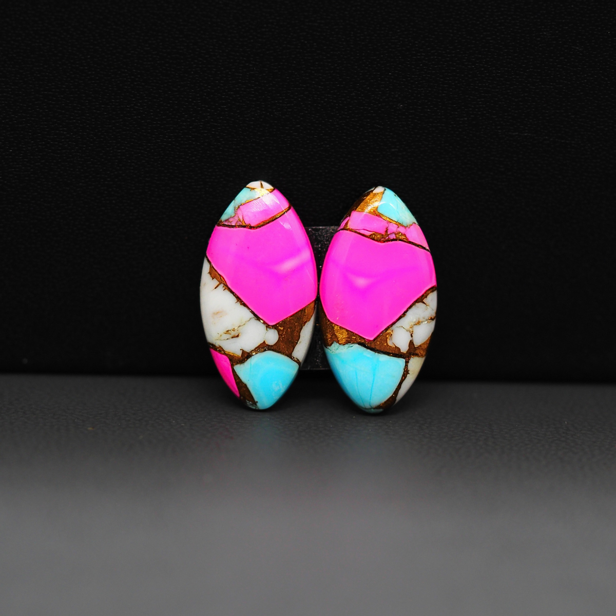 Cotton Candy Marquise Cabochon Pair 20x10x3mm 10ct - pink, white and turquoise blue - Pedra Gems