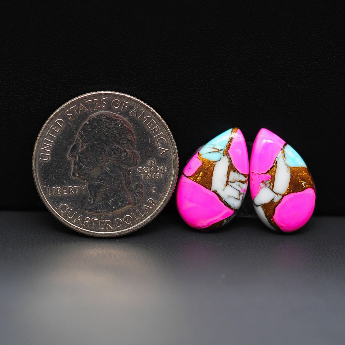 Cotton Candy Pear Cabochon Pair 18x11x3mm 11ct - pink, white and turquoise blue - Pedra Gems
