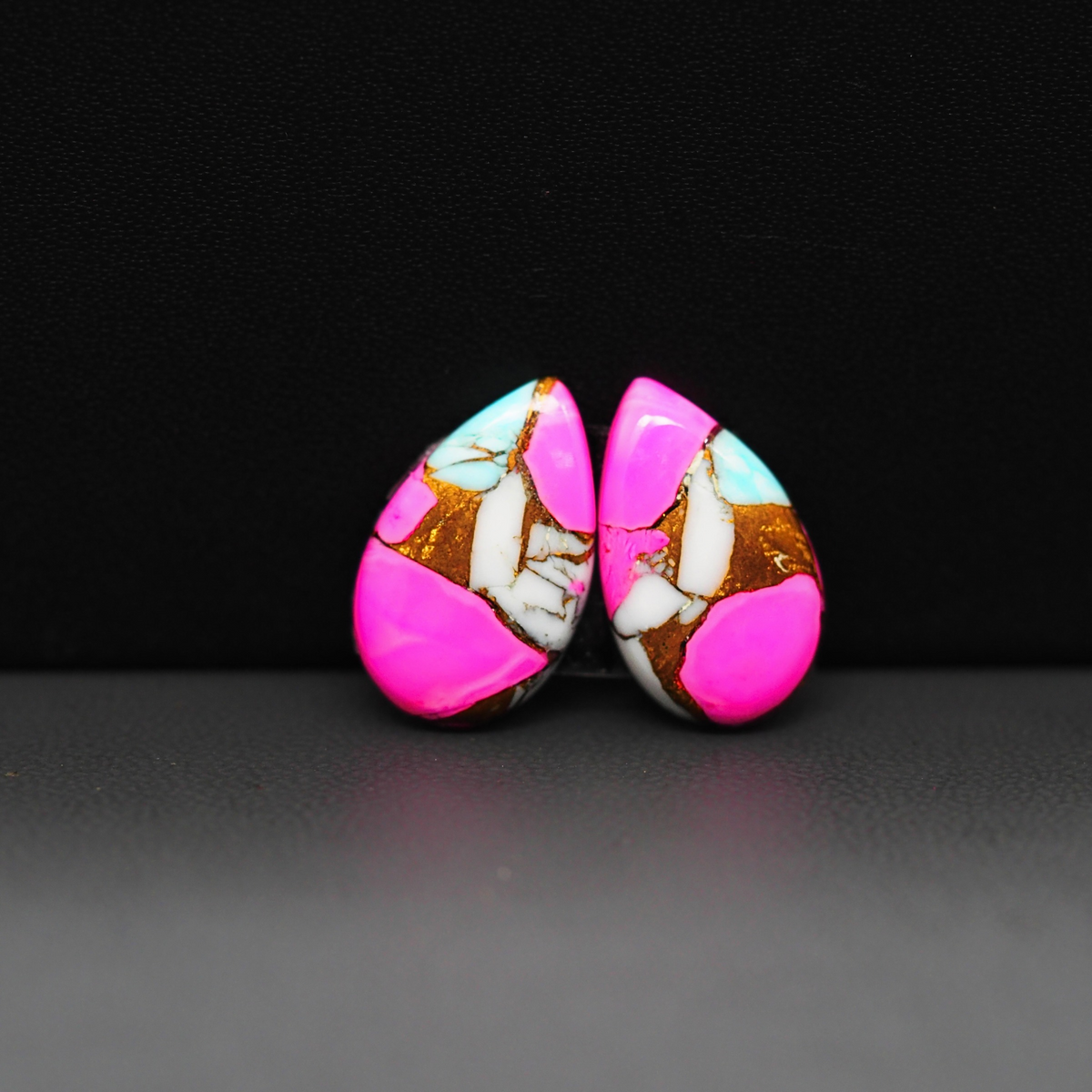 Cotton Candy Pear Cabochon Pair 18x11x3mm 11ct - pink, white and turquoise blue - Pedra Gems