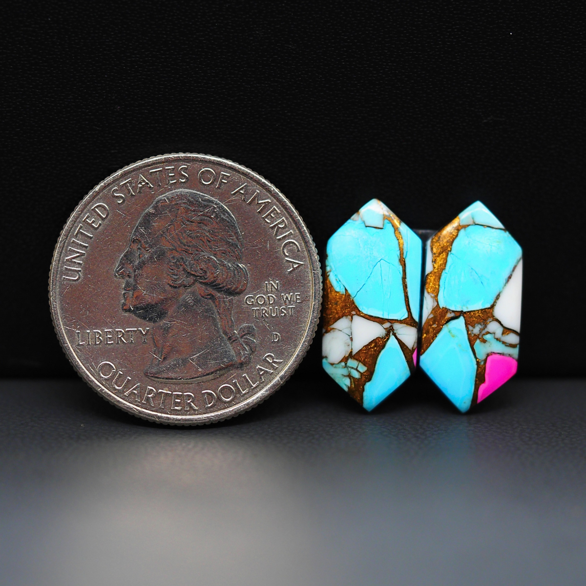 Cotton Candy Hexagon Cabochon Pair 19x9x3mm 9.5ct - turquoise blue, white and pink - Pedra Gems