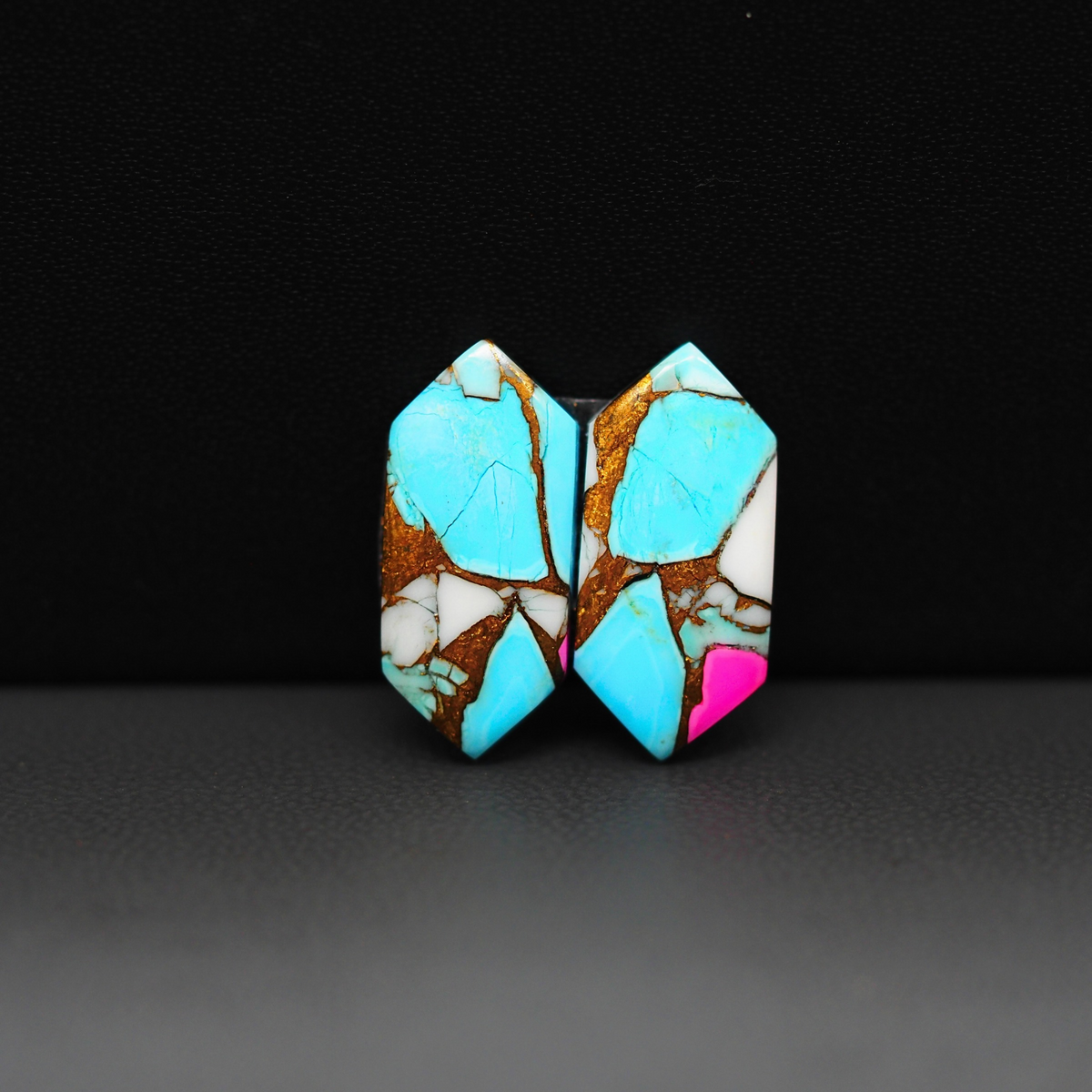 Cotton Candy Hexagon Cabochon Pair 19x9x3mm 9.5ct - turquoise blue, white and pink - Pedra Gems