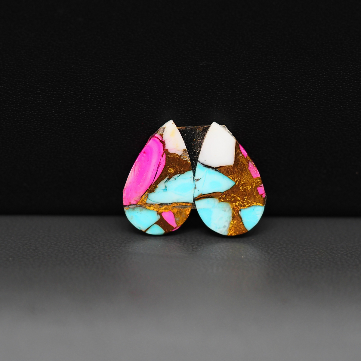 Cotton Candy Pear Cabochon Pair 17x10x3mm 10.5ct - pink, turquoise blue and white - Pedra Gems