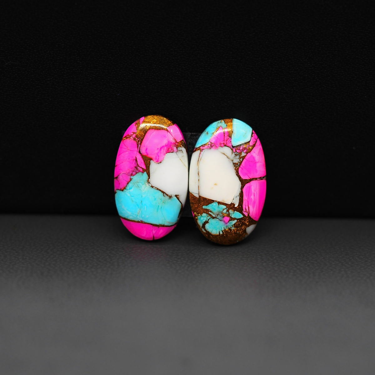 Cotton Candy Oval Cabochon Pair 18x11x3mm 13ct - pink, white and turquoise blue - Pedra Gems