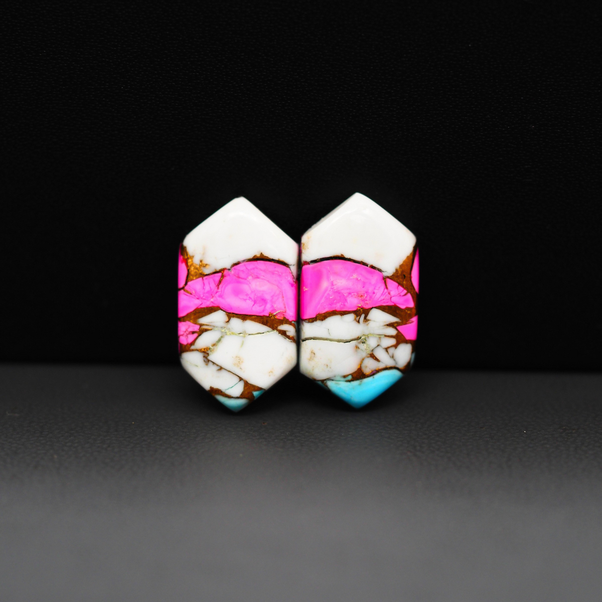 Cotton Candy Hexagon Cabochon Pair 16x11x3mm 16ct - pink, white and turquoise blue - Pedra Gems