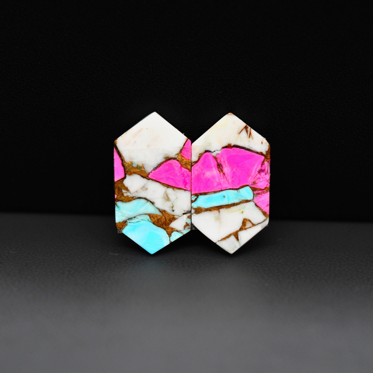 Cotton Candy Hexagon Cabochon Pair 16x11x3mm 16ct - pink, white and turquoise blue - Pedra Gems