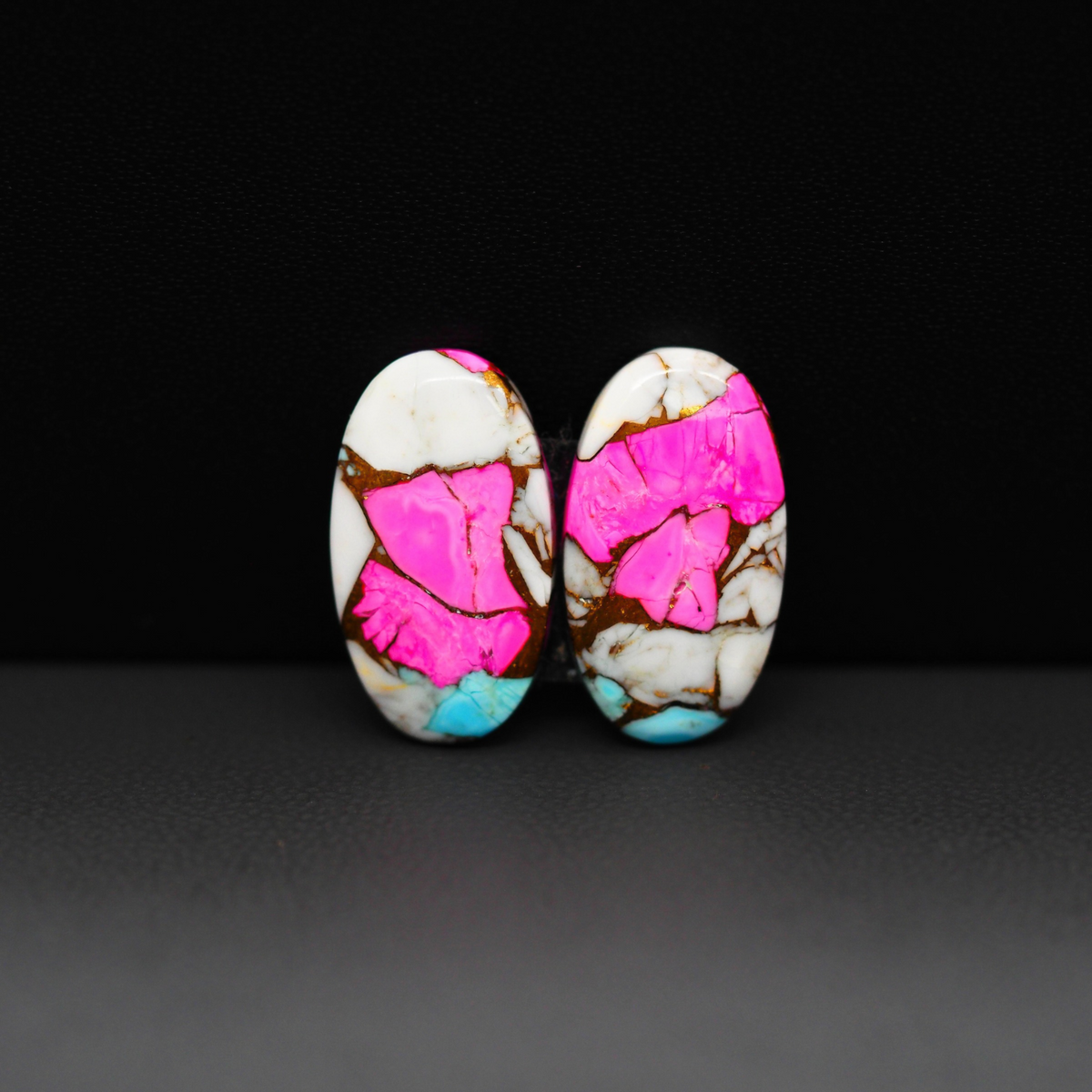 Cotton Candy Oval Cabochon Pair 18x10x3mm 11ct - pink, white and turquoise blue - Pedra Gems