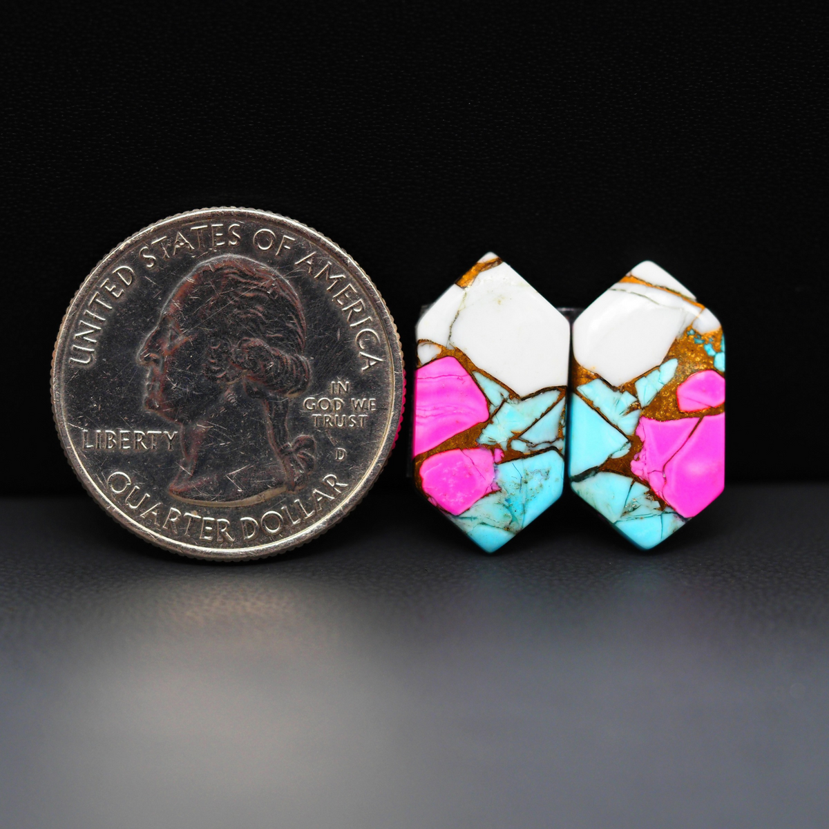 Cotton Candy Hexagon Cabochon Pair 20x11x3mm 13.5ct - white, pink and turquoise blue - Pedra Gems