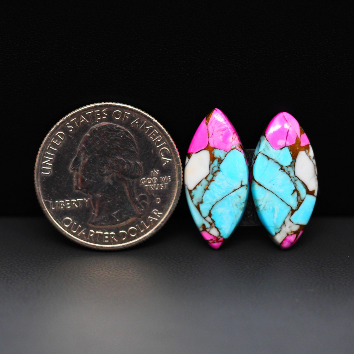 Cotton Candy Marquise Cabochon Pair 23x11x3mm 14ct - turquoise blue, pink and white - Pedra Gems