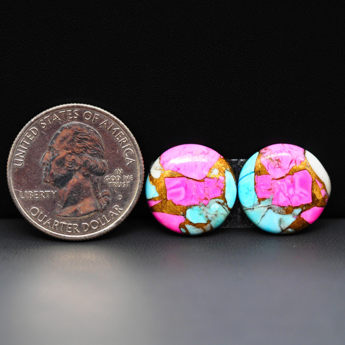 Cotton Candy Round Cabochon Pair 16x16x3mm 15.5ct - pink, turquoise blue and white - Pedra Gems