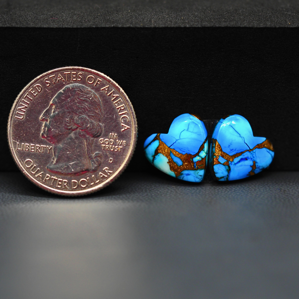 Kingman Ice Blue Dahlia Heart Cabochon Pair 13x12x3mm 9.5ct - icy blue and white stone with copper veining - Pedra Gems