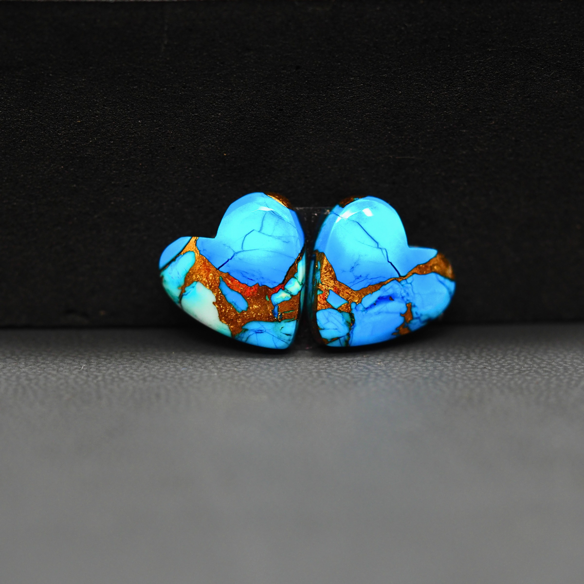 Kingman Ice Blue Dahlia Heart Cabochon Pair 13x12x3mm 9.5ct - icy blue and white stone with copper veining - Pedra Gems