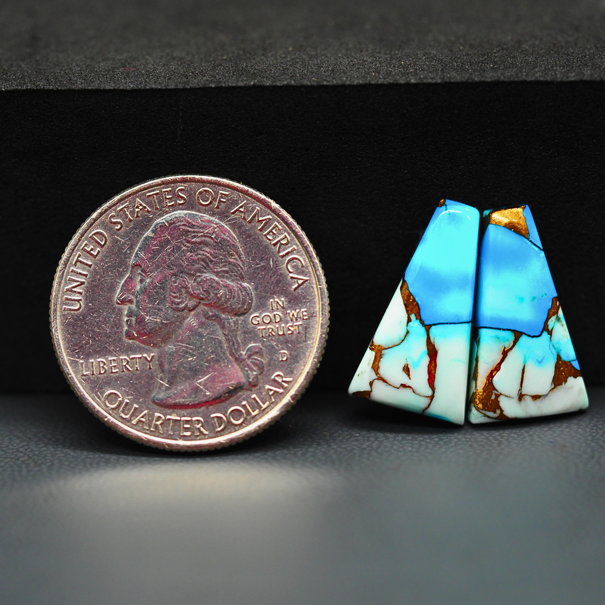 Kingman Ice Blue Dahlia Trapezoid Cabochon Pair 19x10x3mm 11.5ct - icy blue and white stone with copper veining - Pedra Gems