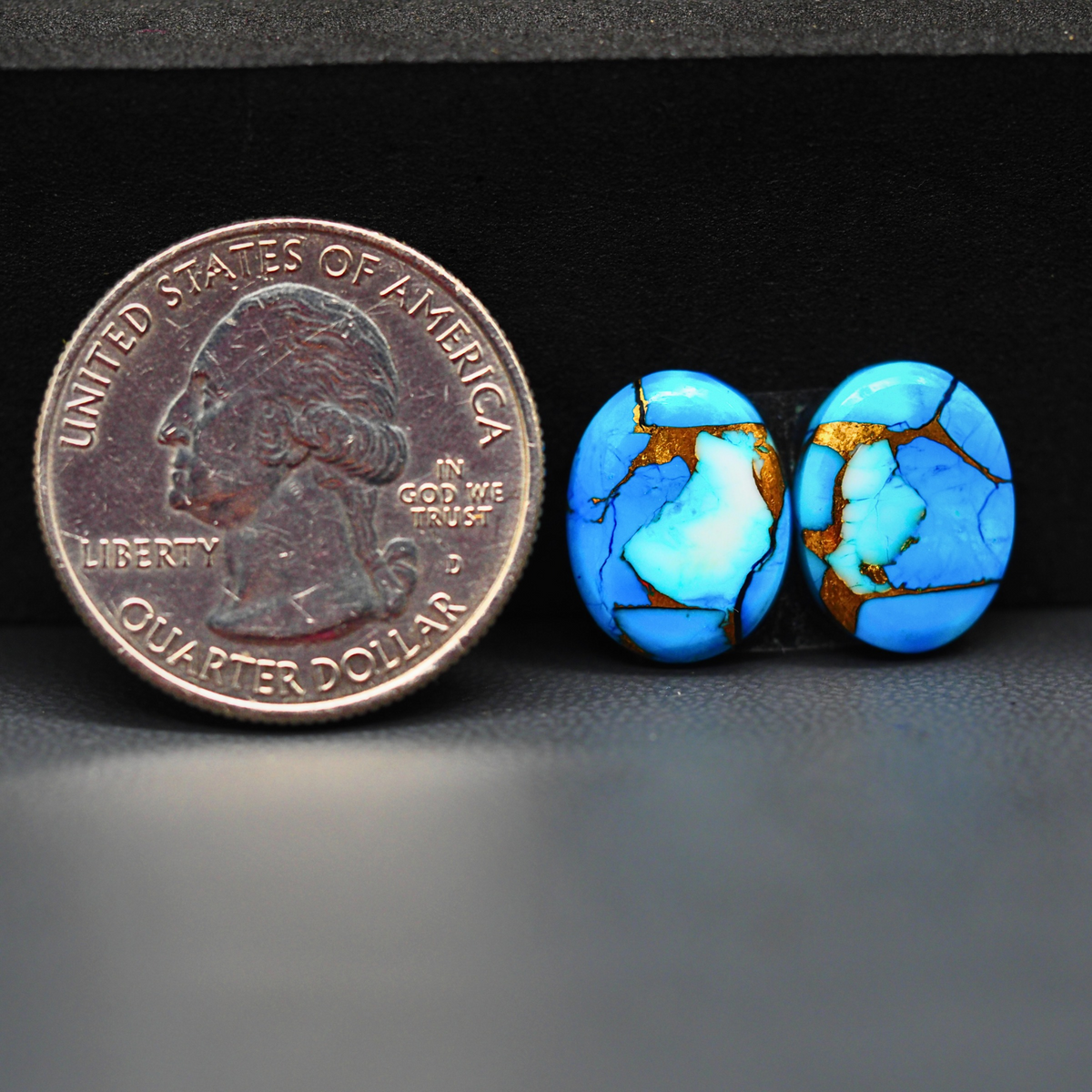 Kingman Ice Blue Dahlia Oval Cabochon Pair 14x11x3mm 9ct - icy blue and white stone with copper veining - Pedra Gems