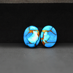 Kingman Ice Blue Dahlia Oval Cabochon Pair 14x11x3mm 9ct - icy blue and white stone with copper veining - Pedra Gems