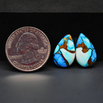 Kingman Ice Blue Dahlia Pear Cabochon Pair 18x11x3mm 11.5ct - icy blue and white stone with copper veining - Pedra Gems