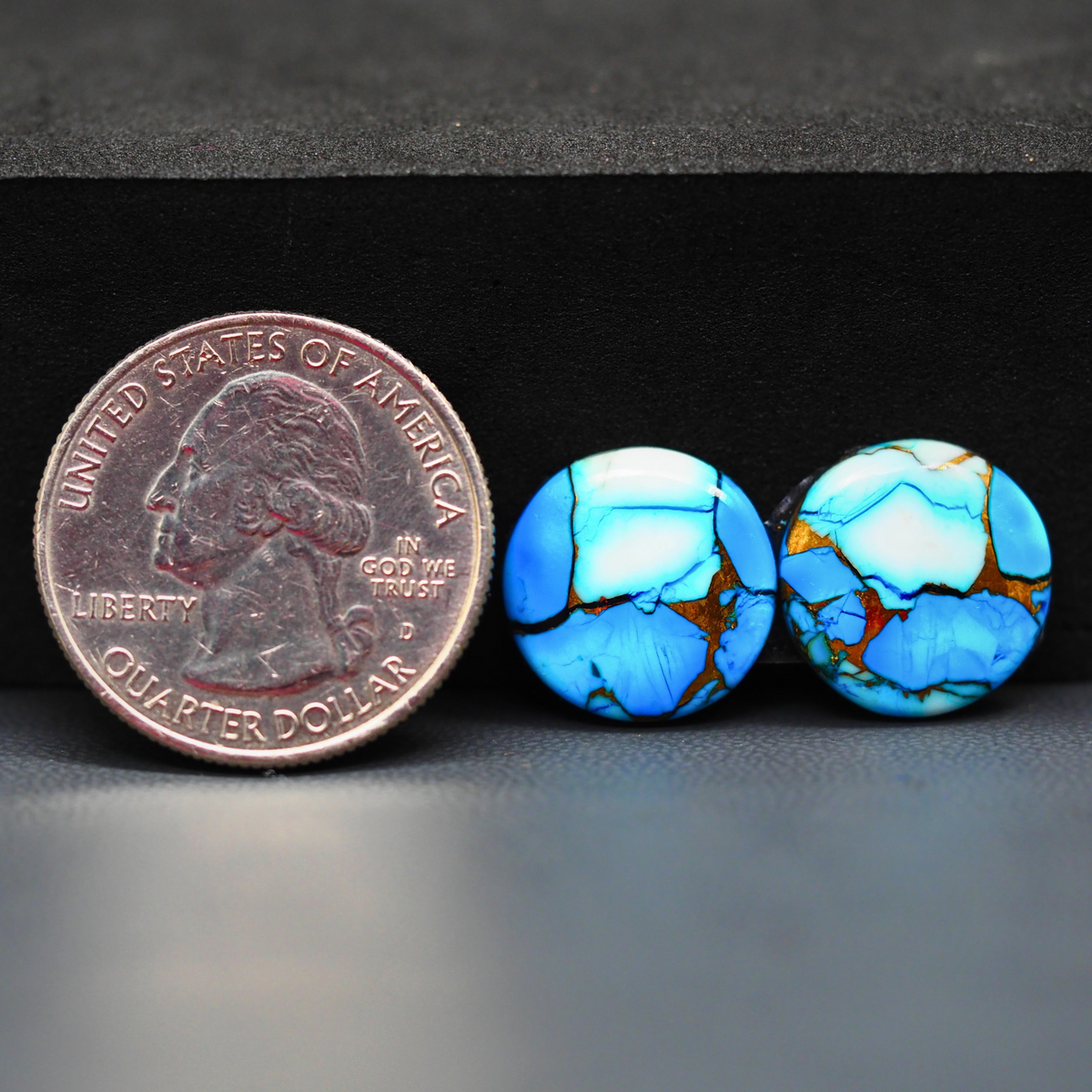 Kingman Ice Blue Dahlia Round Cabochon Pair 14x14x3mm 11ct - icy blue and white stone with copper veining - Pedra Gems