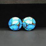 Kingman Ice Blue Dahlia Round Cabochon Pair 14x14x3mm 11ct - icy blue and white stone with copper veining - Pedra Gems