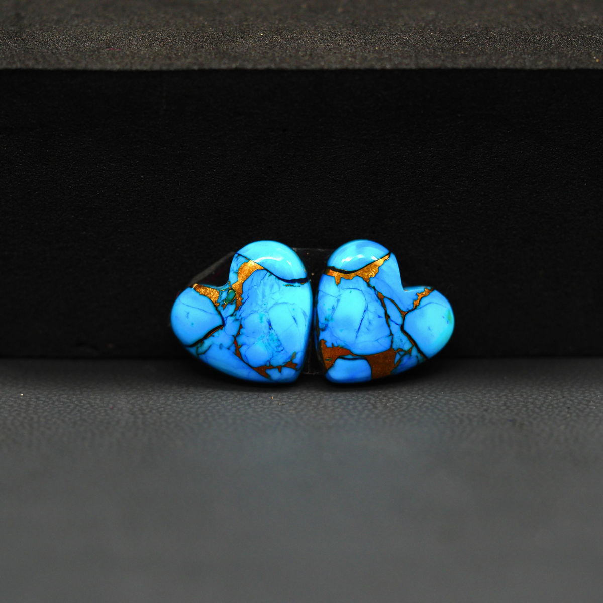 Kingman Ice Blue Dahlia Heart Cabochon Pair 13x13x3mm 10ct - icy blue and white stone with copper veining - Pedra Gems