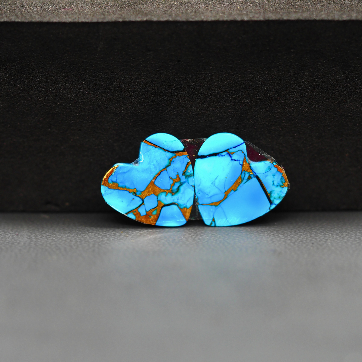 Kingman Ice Blue Dahlia Heart Cabochon Pair 13x13x3mm 10ct - icy blue and white stone with copper veining - Pedra Gems