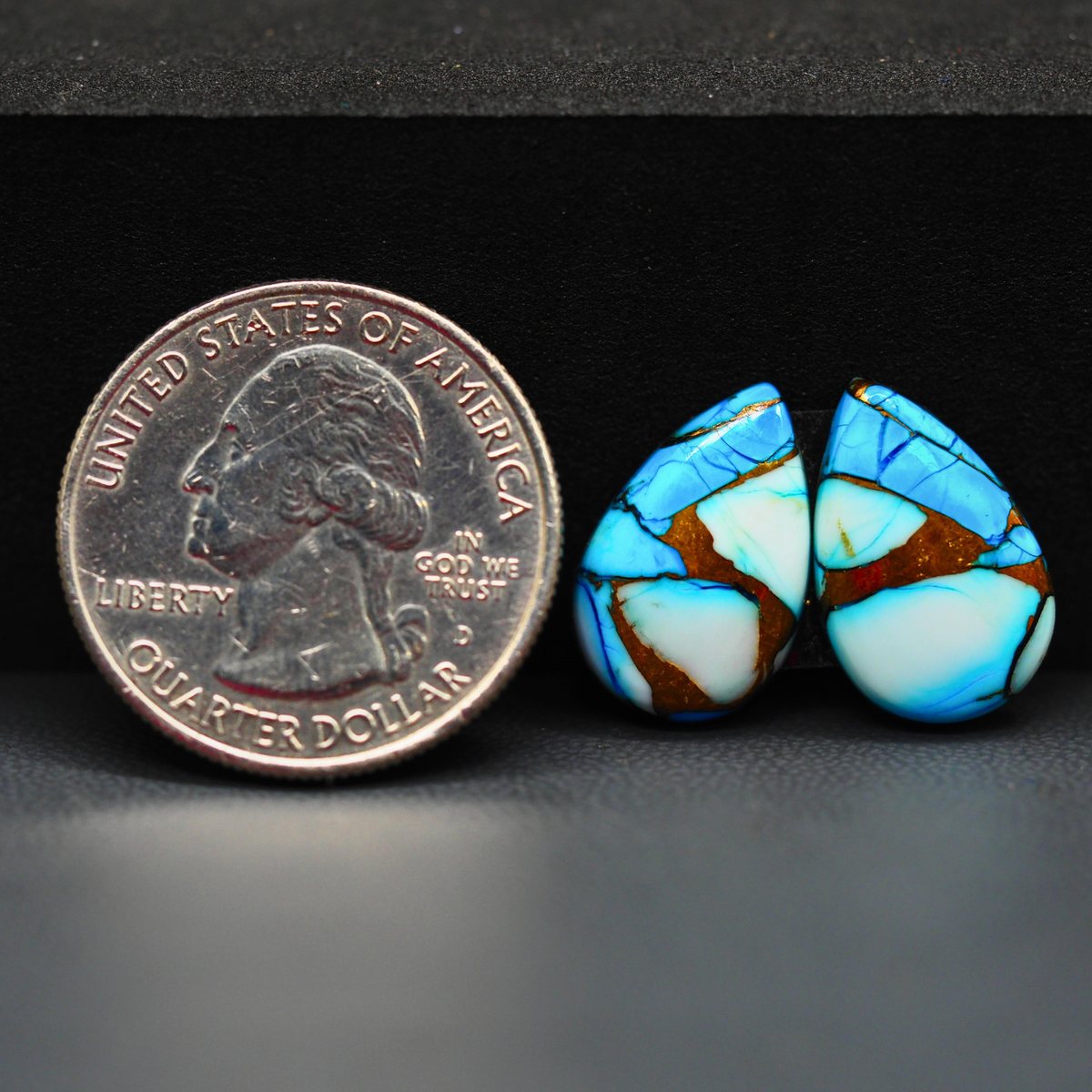 Kingman Ice Blue Dahlia Composite Pear Cabochon Pair 17x11x3mm 11.5ct - icy blue and white stone with copper veining - Pedra Gems