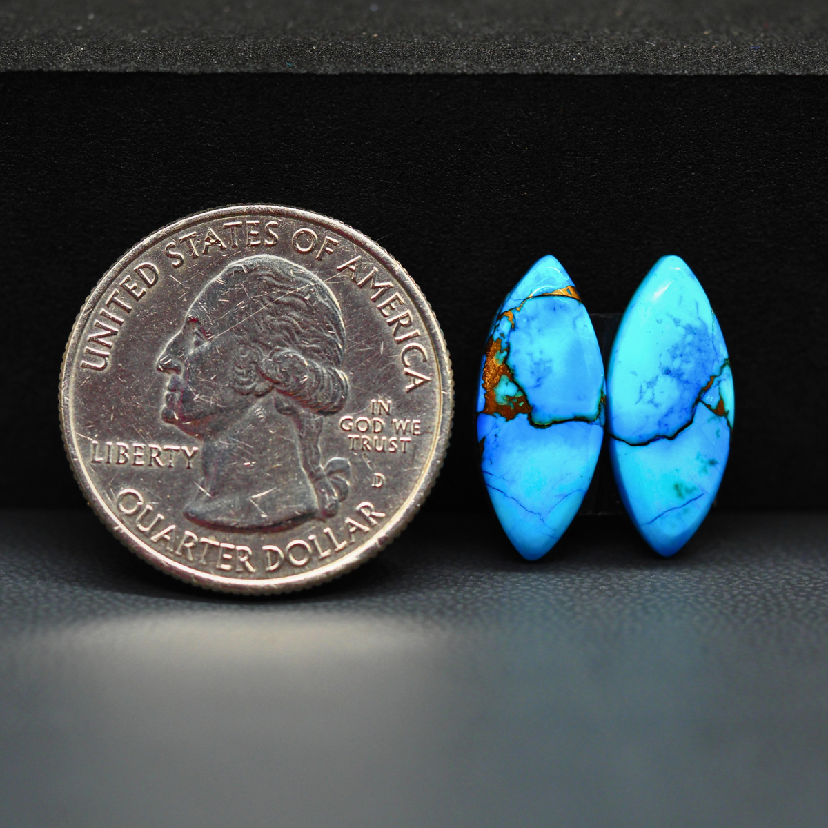 Kingman Ice Blue Dahlia Composite Marquise Cabochon Pair 19x8x3mm 8.5ct - icy blue and white stone with copper veining - Pedra Gems
