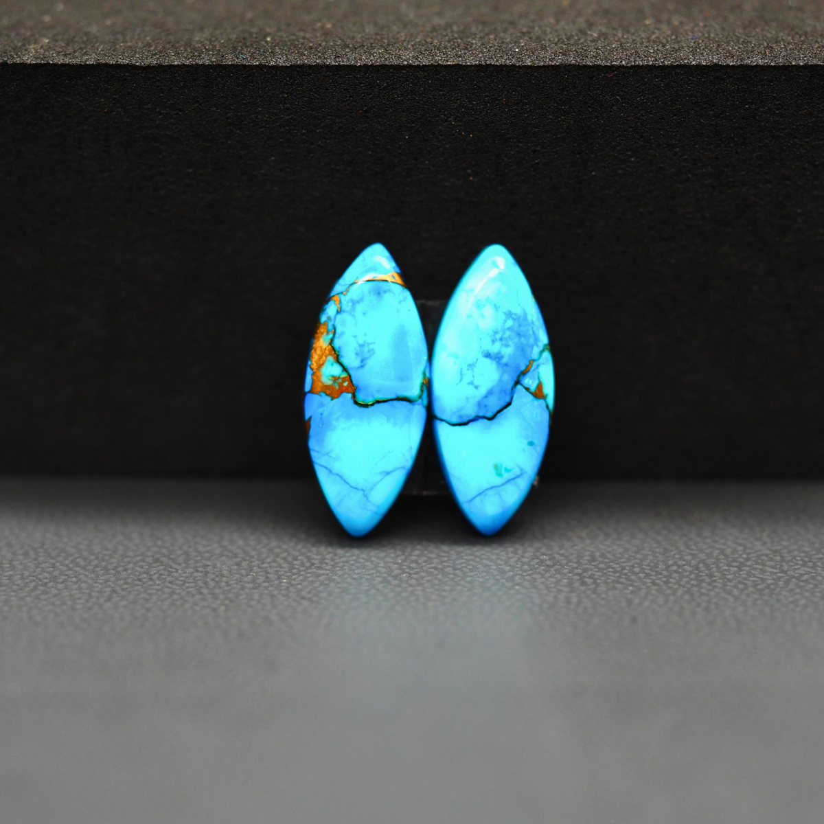 Kingman Ice Blue Dahlia Composite Marquise Cabochon Pair 19x8x3mm 8.5ct - icy blue and white stone with copper veining - Pedra Gems