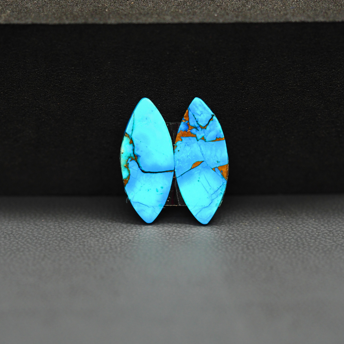 Kingman Ice Blue Dahlia Composite Marquise Cabochon Pair 19x8x3mm 8.5ct - icy blue and white stone with copper veining - Pedra Gems