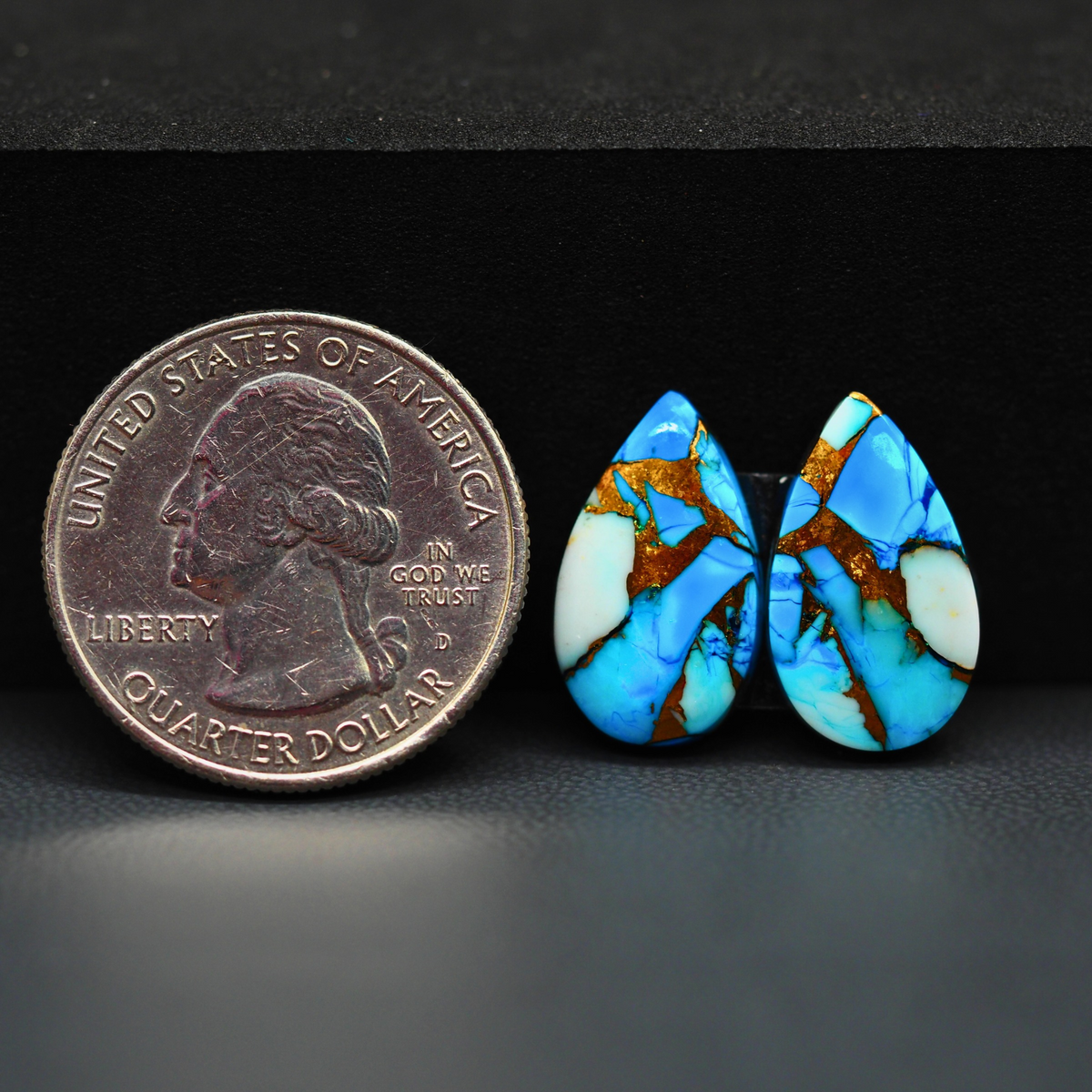 Kingman Ice Blue Dahlia Composite Pear Cabochon Pair 18x11x3mm 11.5ct - icy blue and white stone with copper veining - Pedra Gems