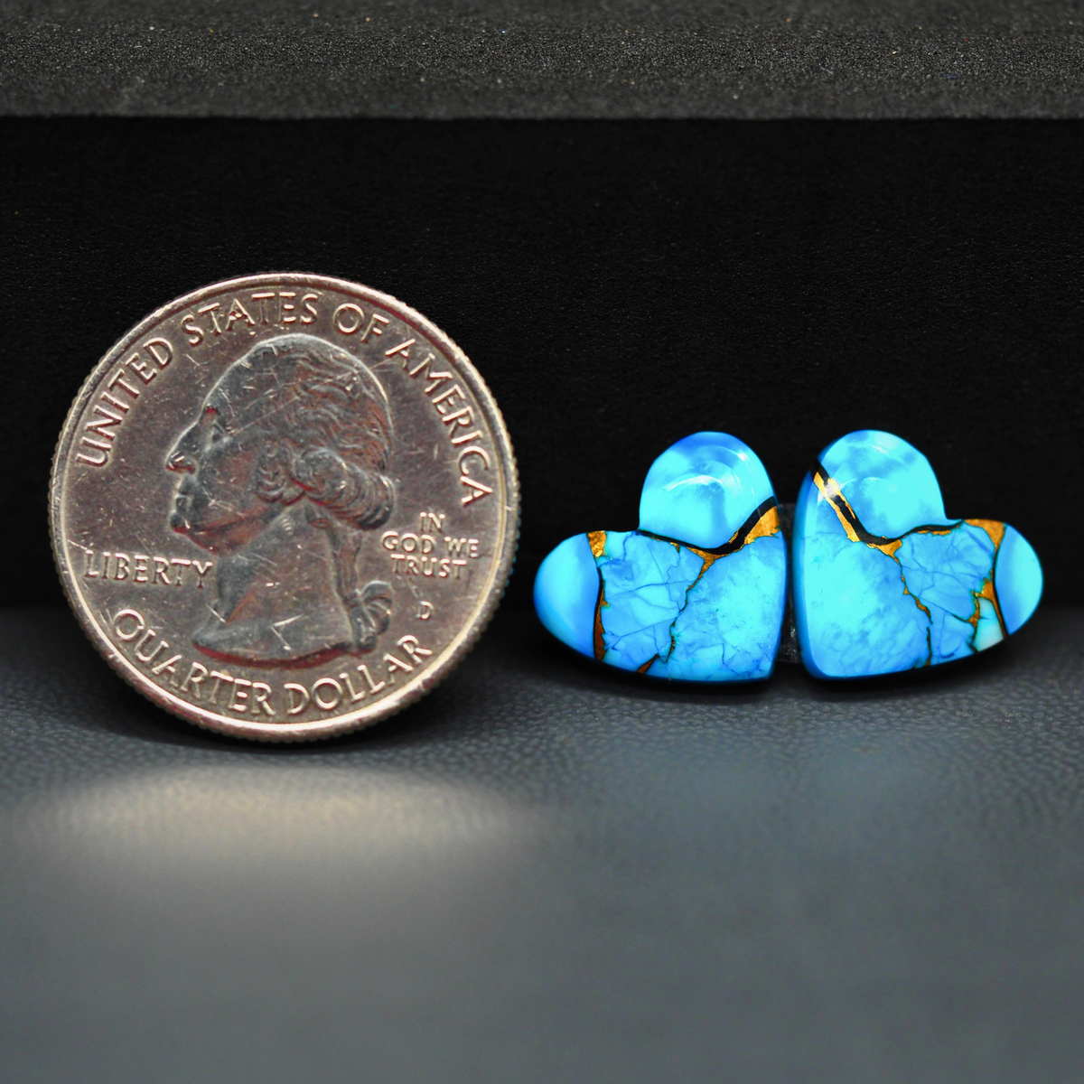 Kingman Ice Blue Dahlia Composite Heart Cabochon Pair 13x14x3mm 10ct - icy blue and white stone with copper veining - Pedra Gems
