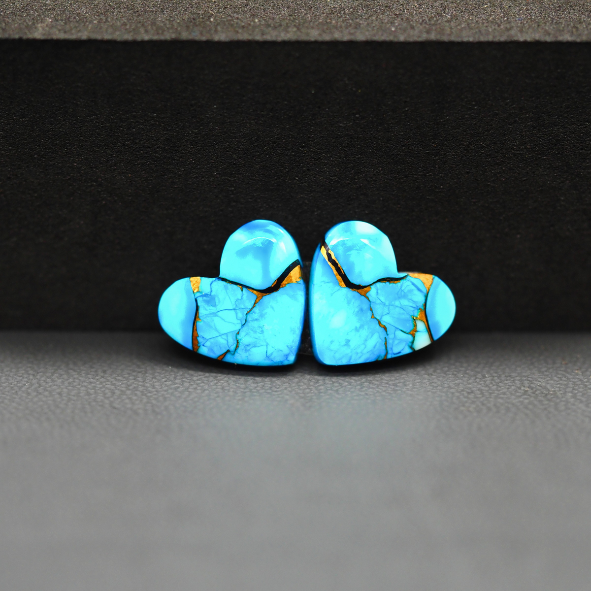 Kingman Ice Blue Dahlia Composite Heart Cabochon Pair 13x14x3mm 10ct - icy blue and white stone with copper veining - Pedra Gems