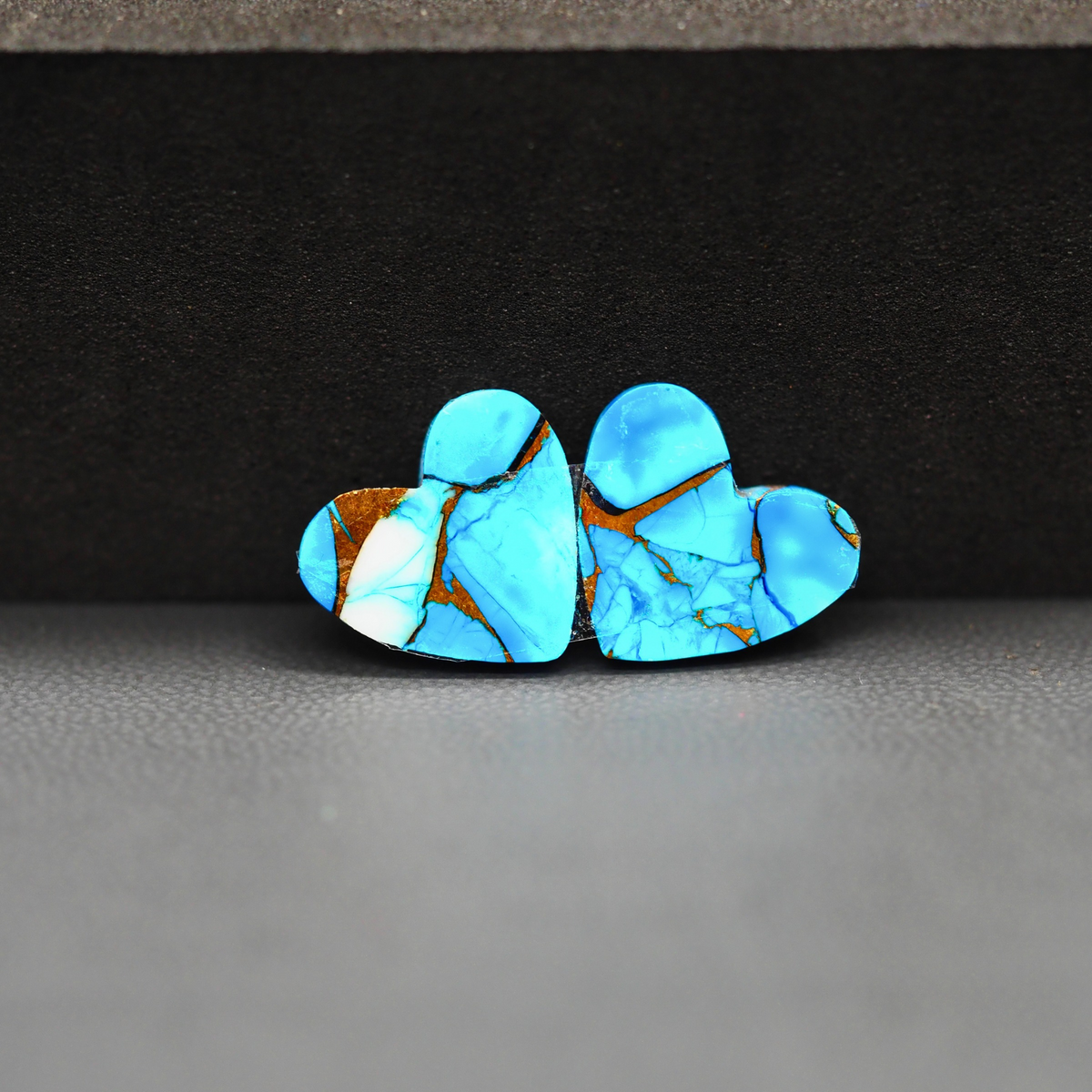Kingman Ice Blue Dahlia Composite Heart Cabochon Pair 13x14x3mm 10ct - icy blue and white stone with copper veining - Pedra Gems