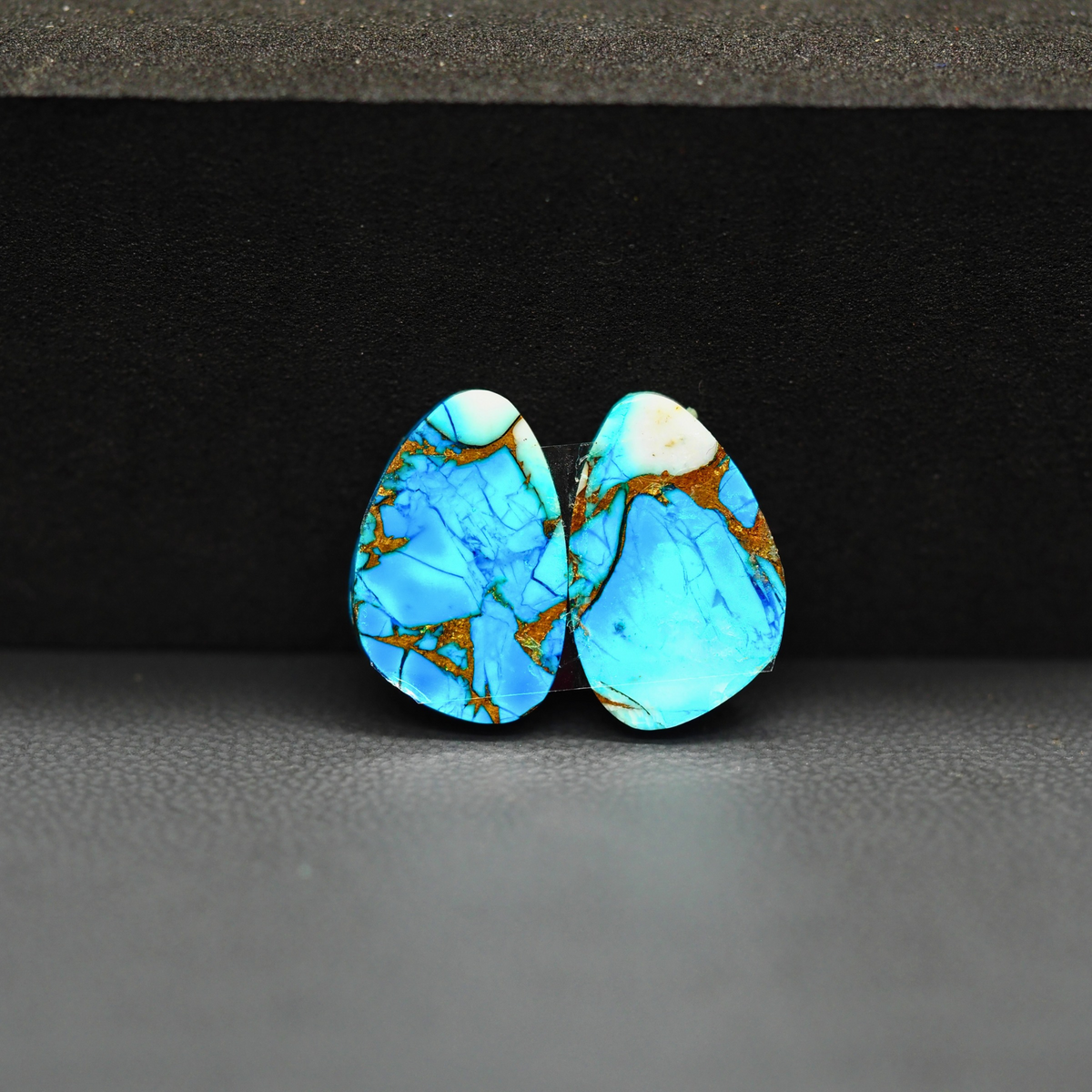 Kingman Ice Blue Dahlia Composite Freeform Cabochon Pair 16x10x3mm 10.5ct - icy blue and white stone with copper veining - Pedra Gems