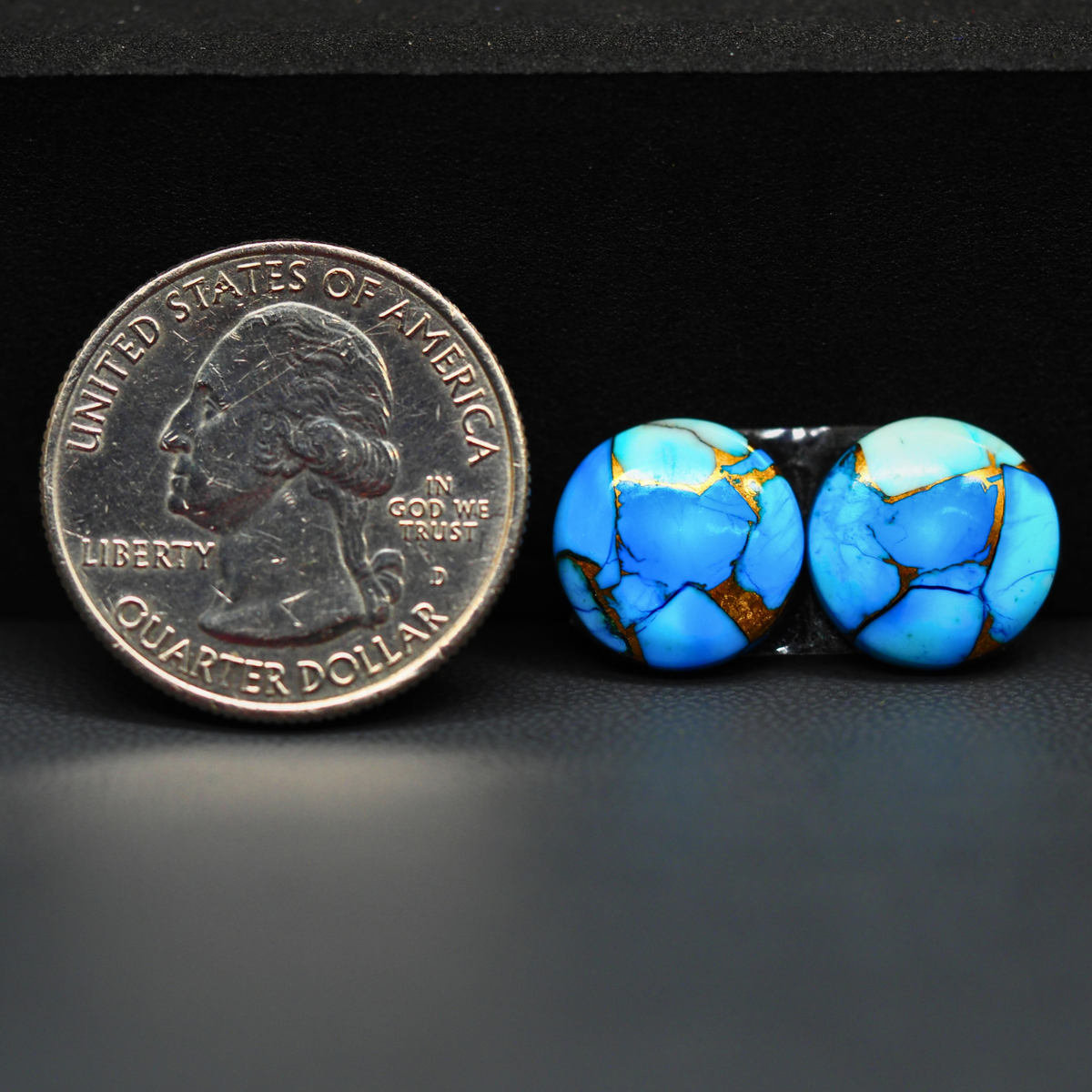 Kingman Ice Blue Dahlia Composite Round Cabochon Pair 12x12x3mm 8.5ct - icy blue and white stone with copper veining - Pedra Gems