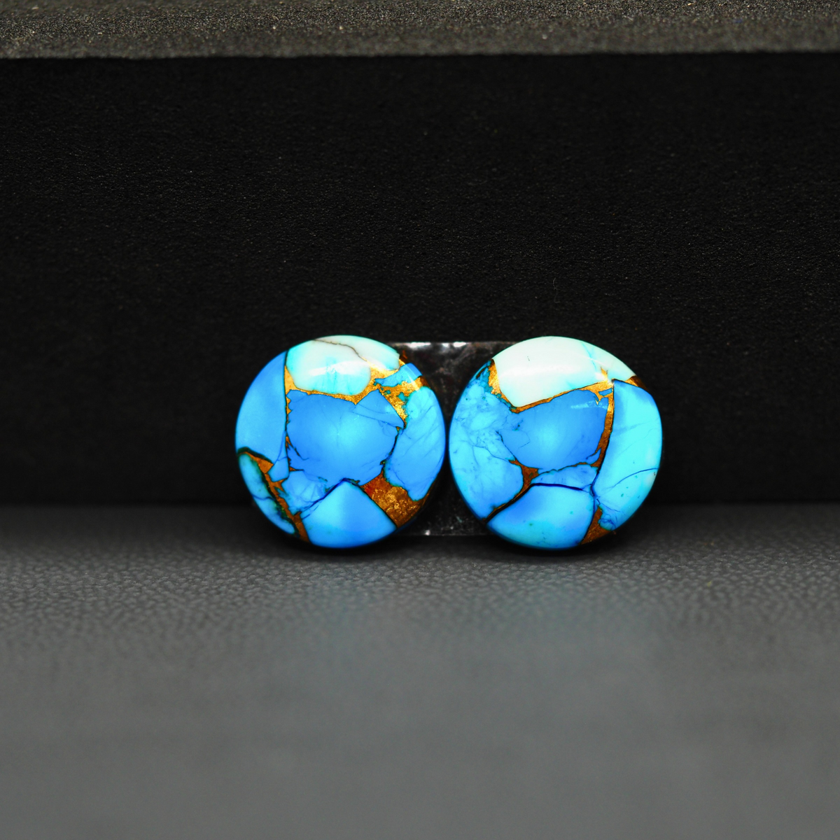Kingman Ice Blue Dahlia Composite Round Cabochon Pair 12x12x3mm 8.5ct - icy blue and white stone with copper veining - Pedra Gems