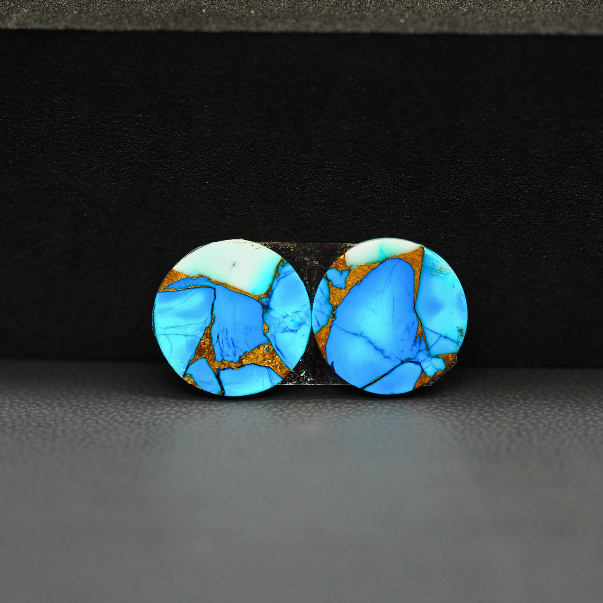 Kingman Ice Blue Dahlia Composite Round Cabochon Pair 12x12x3mm 8.5ct - icy blue and white stone with copper veining - Pedra Gems