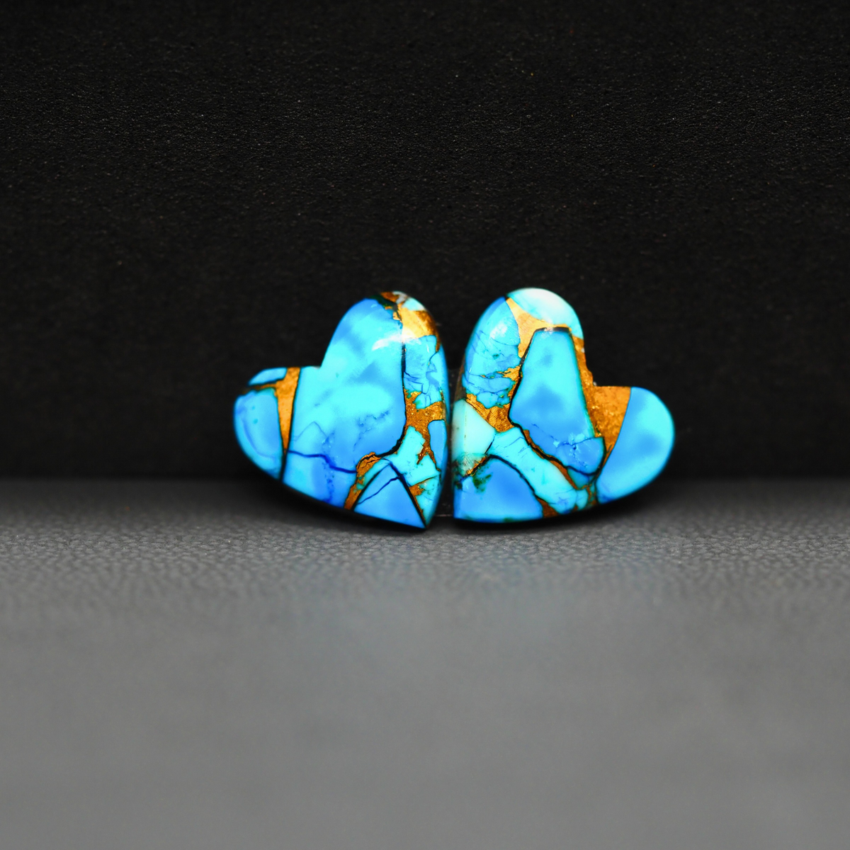 Kingman Ice Blue Dahlia Composite Heart Cabochon Pair 12x12x3mm 8ct - icy blue and white stone with copper veining - Pedra Gems