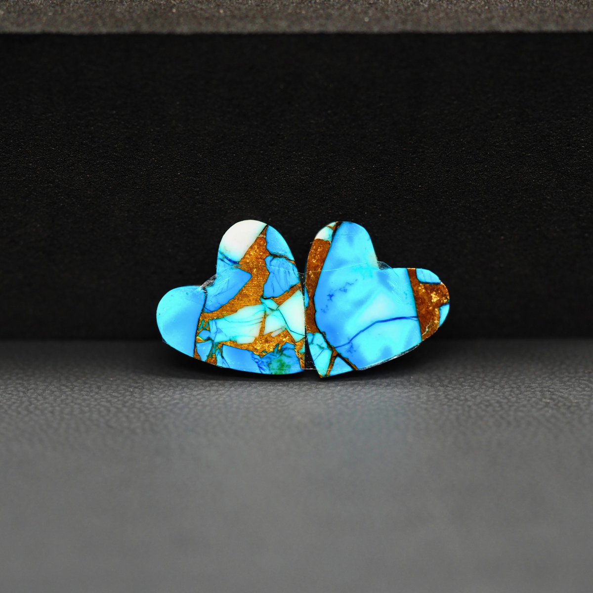 Kingman Ice Blue Dahlia Composite Heart Cabochon Pair 12x12x3mm 8ct - icy blue and white stone with copper veining - Pedra Gems