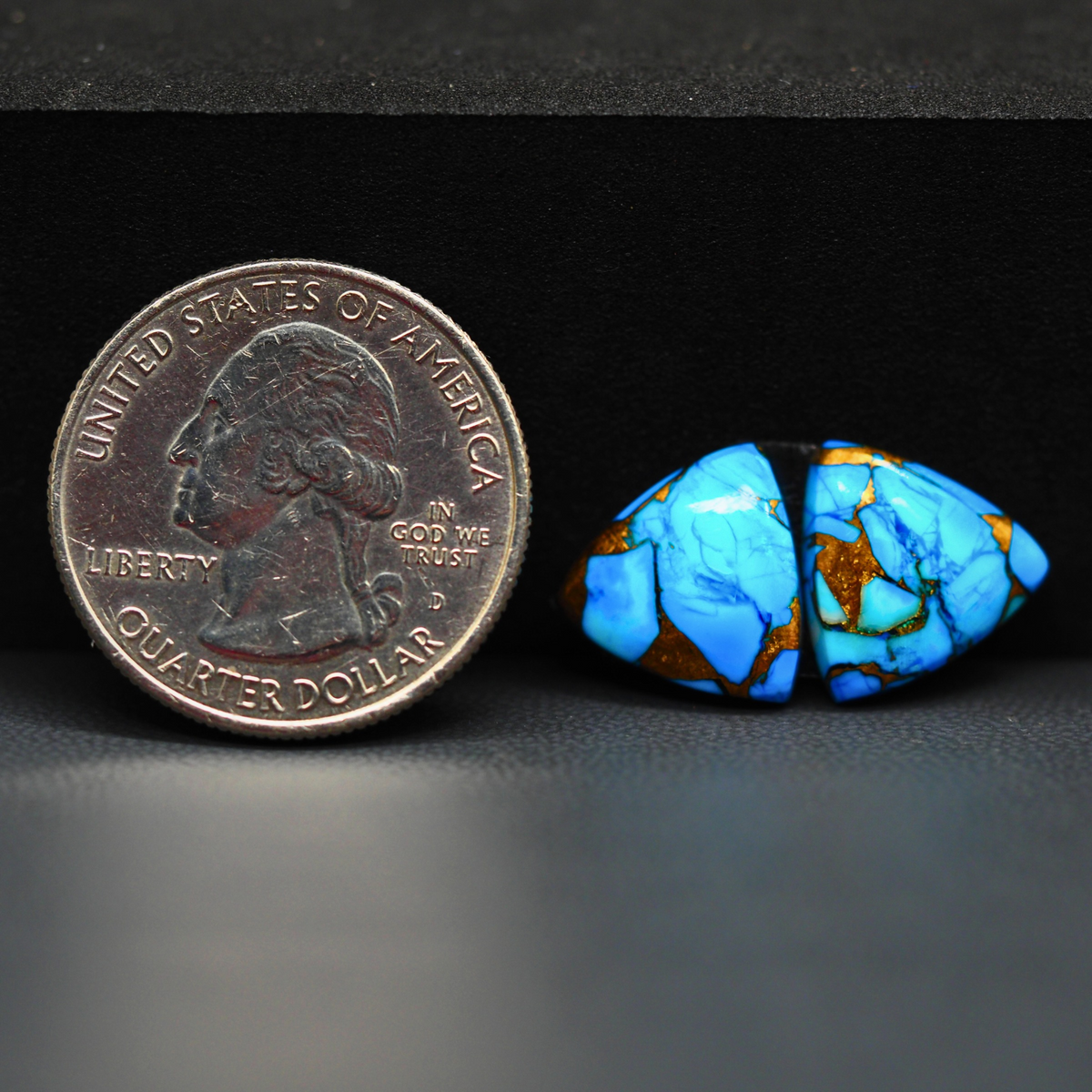 Kingman Ice Blue Dahlia Composite Trillion Cabochon Pair 13x11x3mm 9ct - icy blue and white stone with copper veining - Pedra Gems