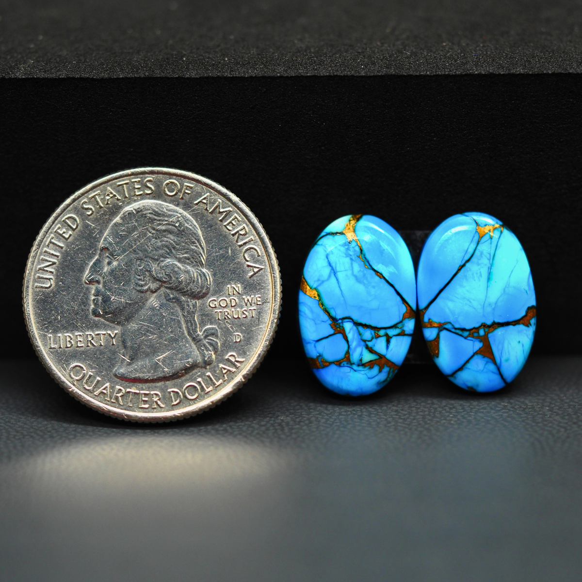 Kingman Ice Blue Dahlia Composite Oval Cabochon Pair 17x11x3mm 13ct - icy blue and white stone with copper veining - Pedra Gems