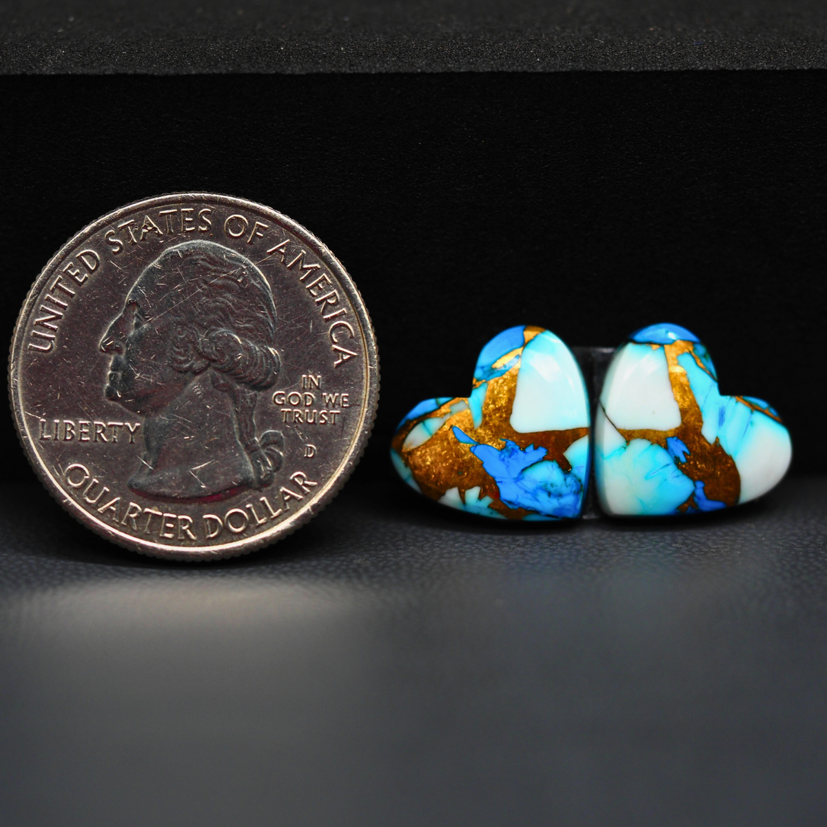 Kingman Ice Blue Dahlia Composite Heart Cabochon Pair 13x13x3mm 9.5ct - icy blue and white stone with copper veining - Pedra Gems