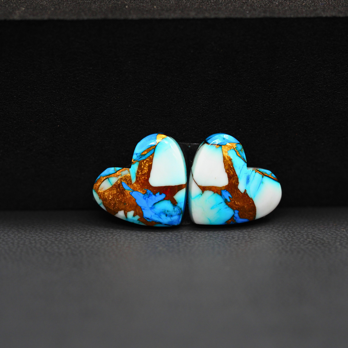 Kingman Ice Blue Dahlia Composite Heart Cabochon Pair 13x13x3mm 9.5ct - icy blue and white stone with copper veining - Pedra Gems