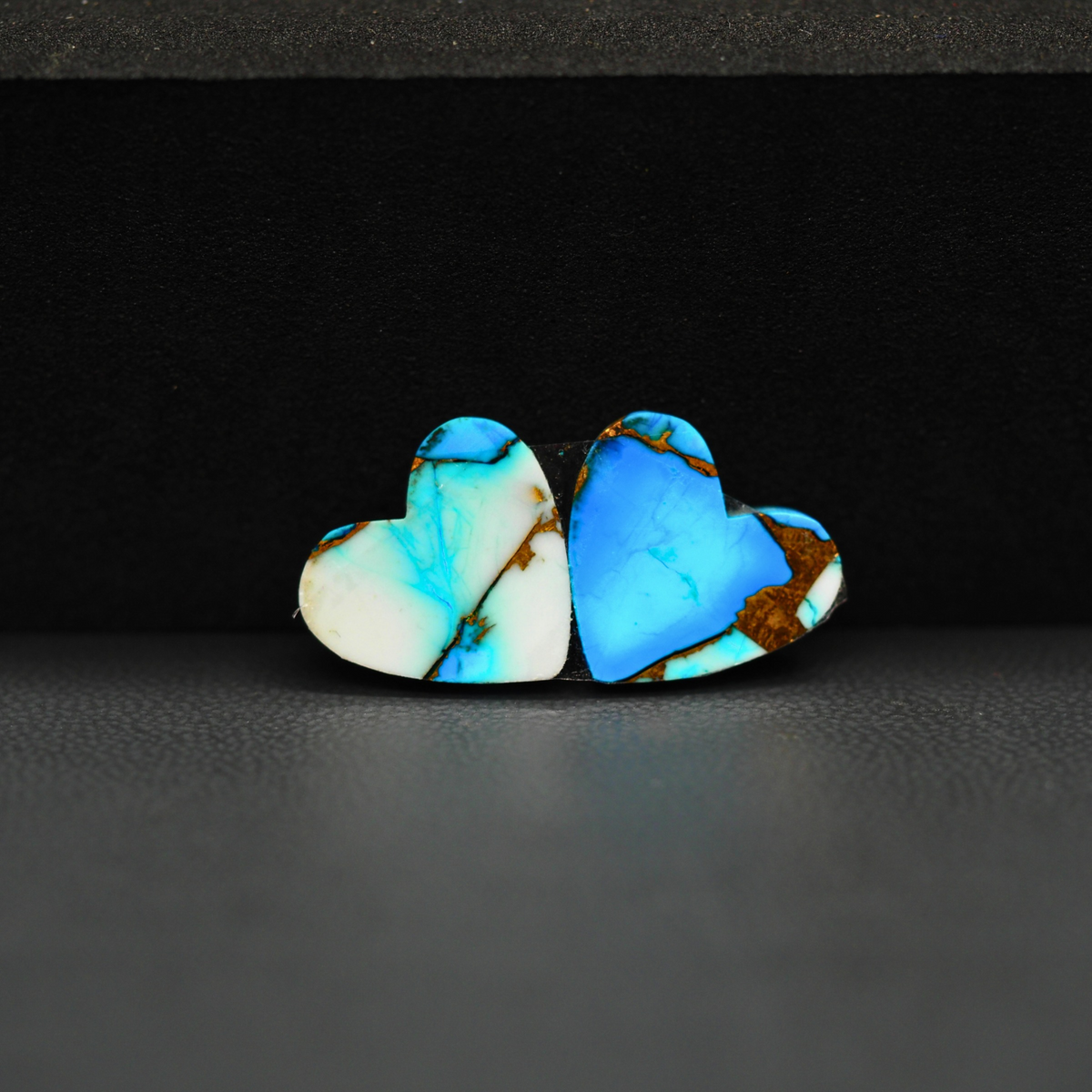 Kingman Ice Blue Dahlia Composite Heart Cabochon Pair 13x13x3mm 9.5ct - icy blue and white stone with copper veining - Pedra Gems