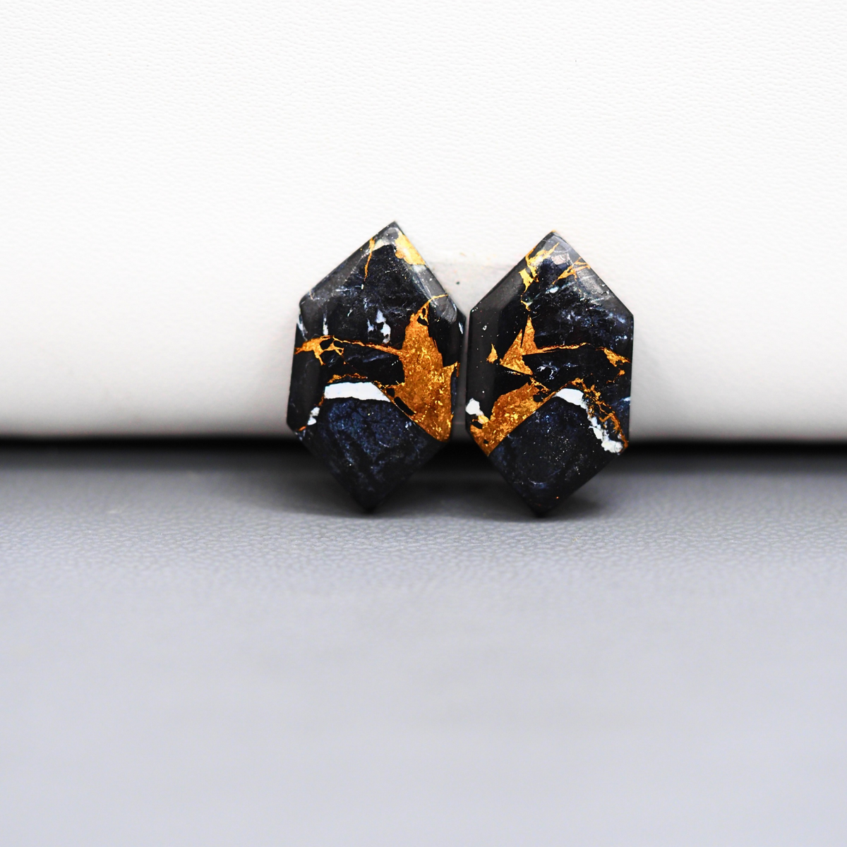 Kingman Black Buffalo Copper Composite Hexagon Cabochon Pair 19x11x3mm 11.5ct - black stone with bright copper veins - Pedra Gems