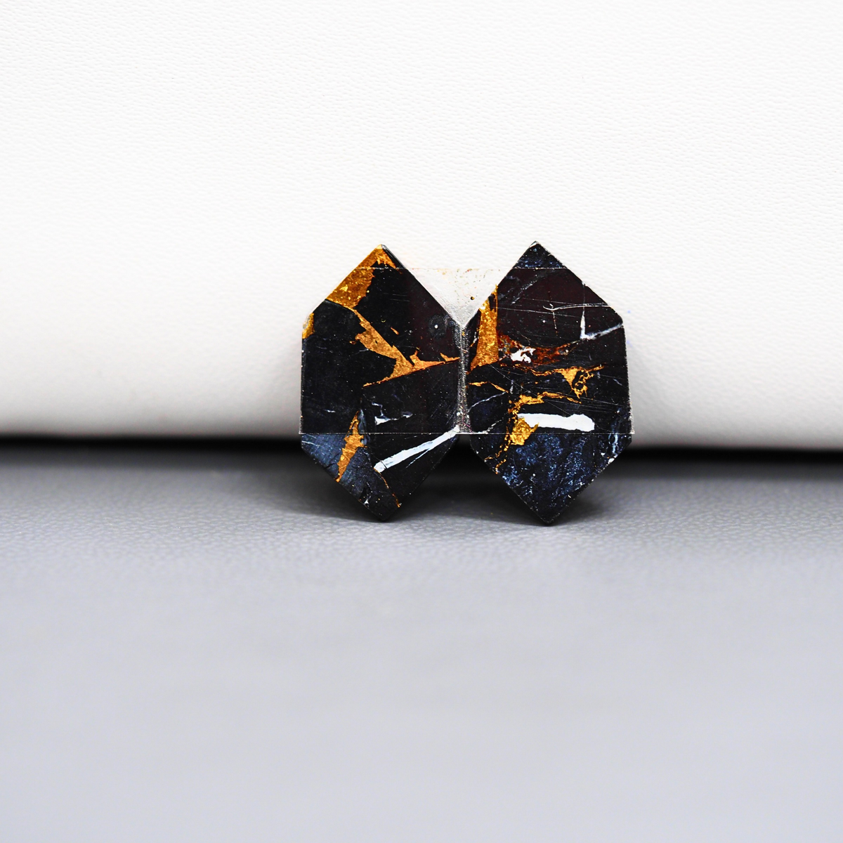 Kingman Black Buffalo Copper Composite Hexagon Cabochon Pair 19x11x3mm 11.5ct - black stone with bright copper veins - Pedra Gems